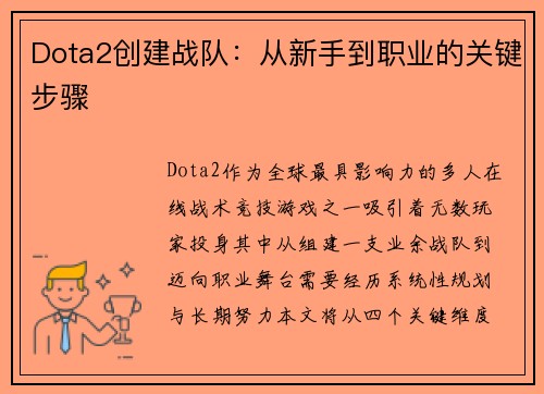 Dota2创建战队：从新手到职业的关键步骤